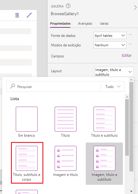 Captura de tela das opções de layout da galeria com a opção Título, subtítulo e corpo selecionada. 