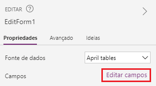 Captura de tela mostrando o painel Propriedades para o formulário de edição e a opção Editar campos realçada. 