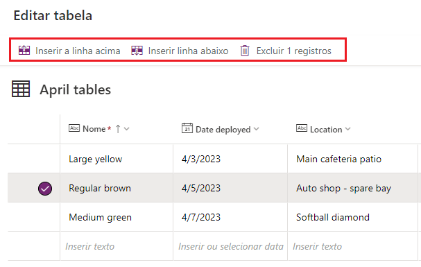 Captura de tela de uma linha de tabela já inserida selecionada, com as novas opções Inserir linha acima, Inserir linha abaixo e Excluir registro realçadas. 