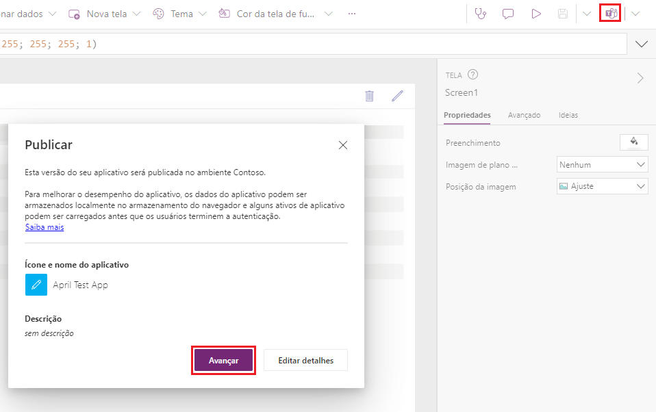 Captura de tela do pop-up da caixa de diálogo Publicar com o botão Publicar no Teams e o botão Avançar realçado.