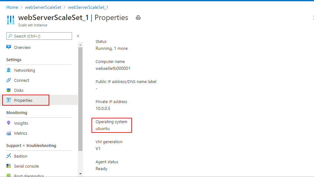 Captura de ecrã do portal do Azure, mostrando o sistema operativo para o Conjunto de Dimensionamento de Máquinas Virtuais.