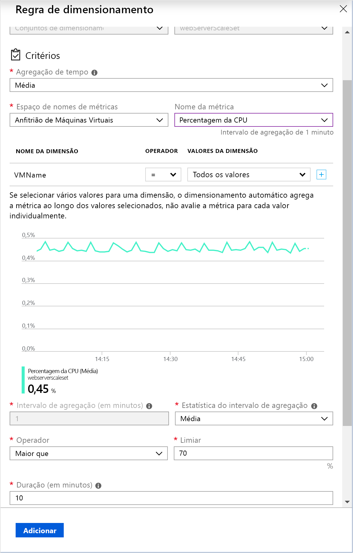 Captura de ecrã a mostrar uma regra de dimensionamento baseada em métricas no portal do Azure.