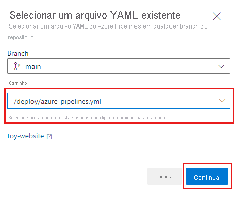 Captura de ecrã do painel 'Selecionar um ficheiro YAML existente' do Azure DevOps, com Caminho definido para o ficheiro de pipeline e o botão Continuar realçado.