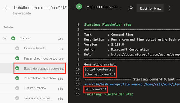 Captura de tela que mostra o log de trabalho do pipeline, com a etapa 'Etapa de espaço reservado' realçada e os detalhes mostrados.