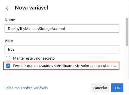 Captura de tela do Azure DevOps que mostra o editor de variáveis de pipeline.