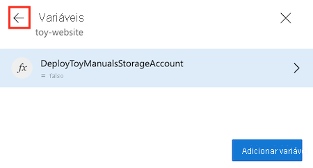 Captura de ecrã do Azure DevOps que mostra a página 'Executar pipeline', com a seta para trás realçada.