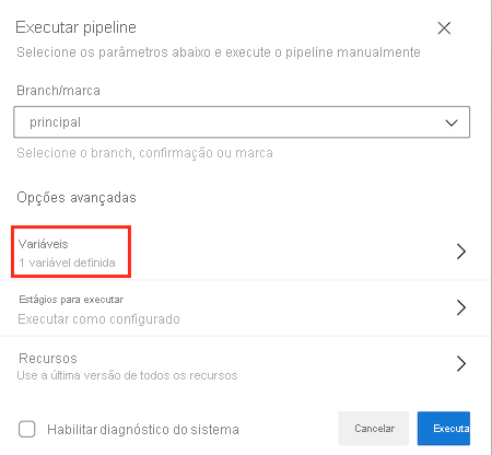 Captura de ecrã do Azure DevOps que mostra a página 'Executar pipeline', com o item de menu Variáveis realçado.