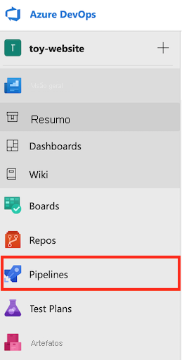 Captura de ecrã do Azure DevOps que mostra o menu, com Pipelines realçado.