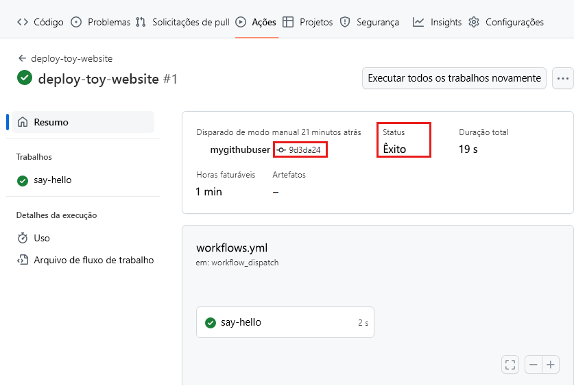 Screenshot of the GitHub interface showing the details of the workflow run, with the status and commit identifier highlighted.