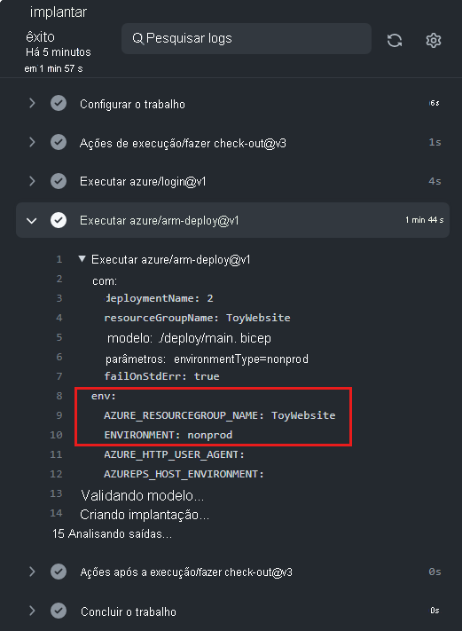 Screenshot of the GitHub interface showing the workflow log, with the 'environment variables' highlighted.