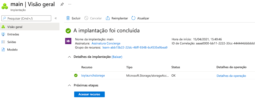 Captura de tela da interface do portal do Azure para a implantação específica, com um recurso de conta de armazenamento listado.