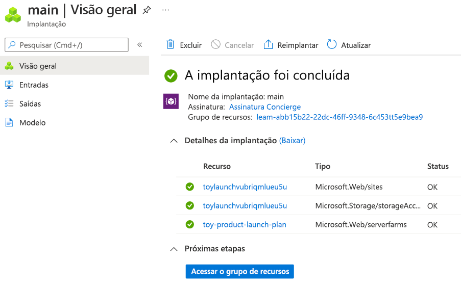 Captura de ecrã da interface do portal do Azure para a implementação específica, com a conta de armazenamento e os recursos do Serviço de Aplicação listados com os nomes gerados.