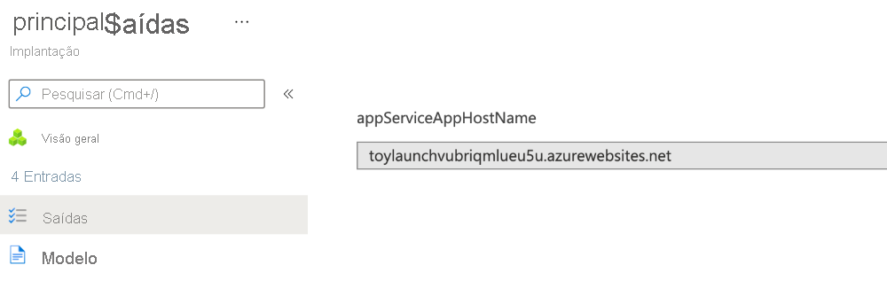 Captura de tela da interface do portal do Azure para as saídas da implantação específica.