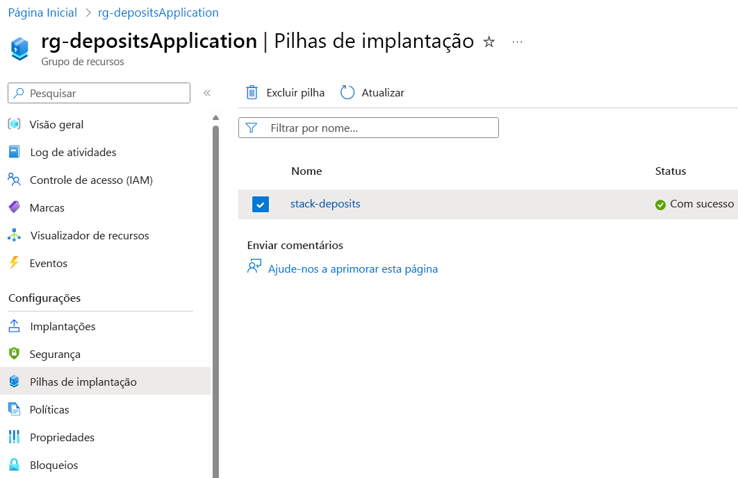 Uma captura de tela do portal do Azure mostrando as configurações de um grupo de recursos e onde encontrar pilhas de implantação.