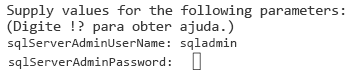 Uma captura de tela mostrando a linha de comando do Azure PowerShell solicitando que você insira uma senha de administrador do SQL Server.