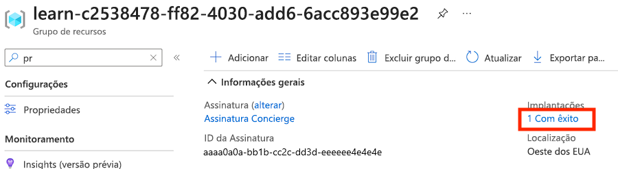 Captura de tela do painel de visão geral do grupo de recursos do portal do Azure, exibindo detalhes adicionais da implantação bem-sucedida.