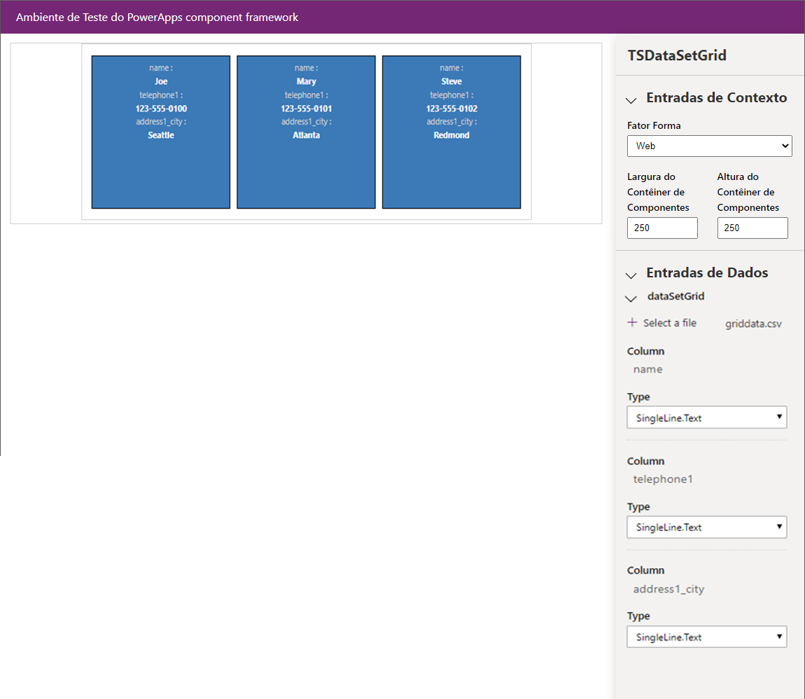 Captura de tela do CSV carregado com sucesso e dos registros do componente exibidos.