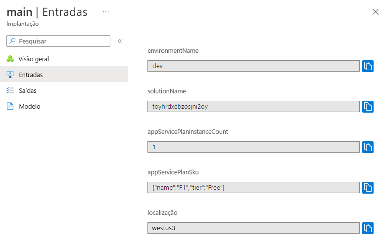 Captura de tela da interface do portal do Azure para a implantação específica mostrando os valores de parâmetro.