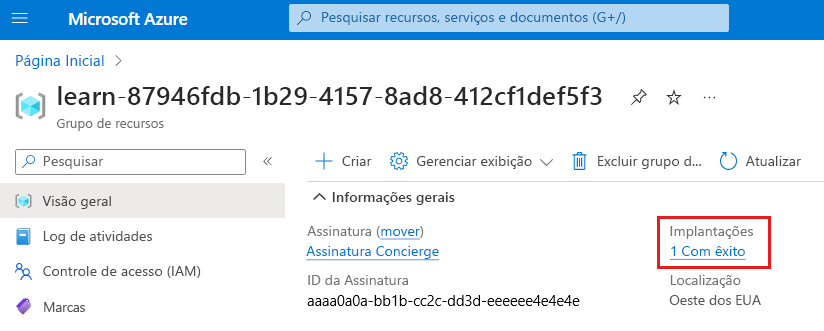 Captura de tela da interface do portal do Azure para a visão geral do grupo de recursos, com a seção de implantações mostrando que uma foi bem-sucedida.