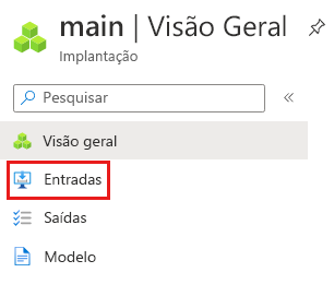 Captura de ecrã da interface do portal do Azure para a implementação específica, com o item de menu 'Entradas' realçado.