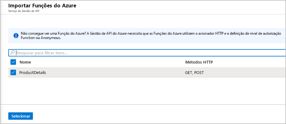 Screenshot showing the Import Azure Functions API Management service pane.