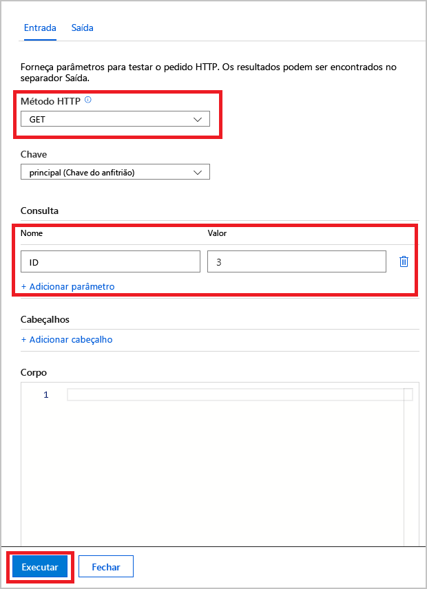 Screenshot of the input pane for Test + Run, with the input parameter for the HTTP GET method highlighted.