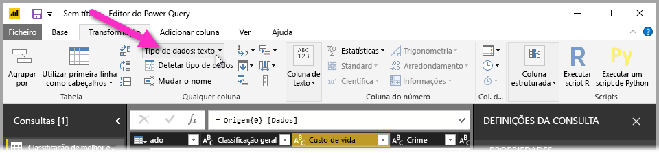 A faixa de opções Transformar e o botão Tipo de Dados