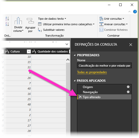 Janela Configurações de consulta