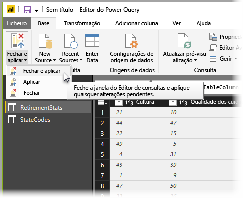 Fechar e aplicar definições de dados