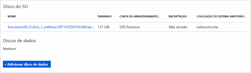 Screenshot of the Azure portal showing the Disks section of a VM pane, with the OS disk shown and set to Read-only caching.