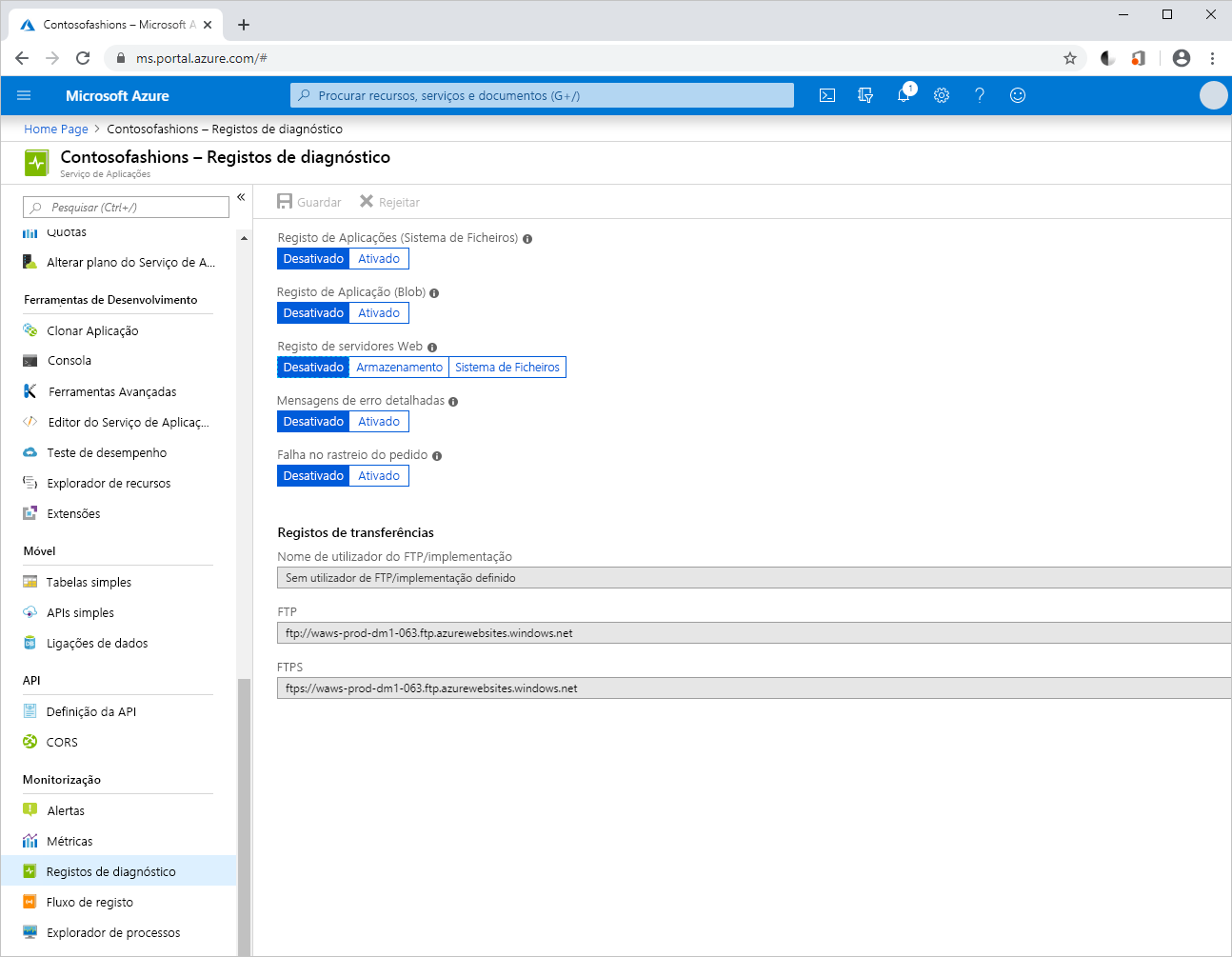 Captura de ecrã a mostrar o painel Registos de diagnóstico no portal do Azure.