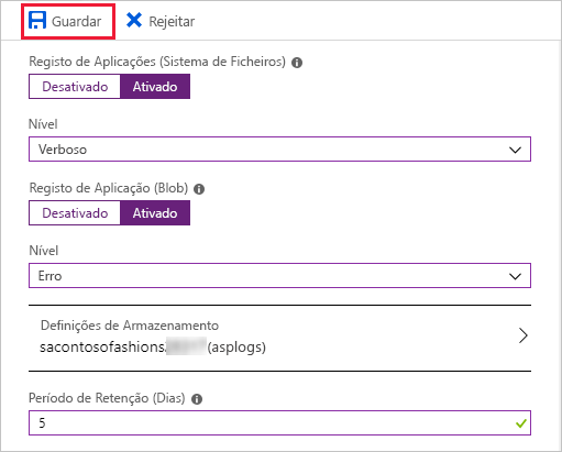 Captura de ecrã da configuração de registos de aplicações no portal do Azure com Guardar realçado.