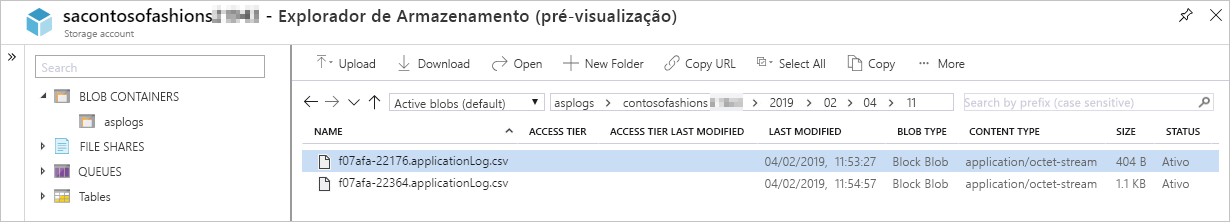 Captura de tela do navegador de armazenamento para baixar logs de aplicativos do Windows de contêineres de blob.