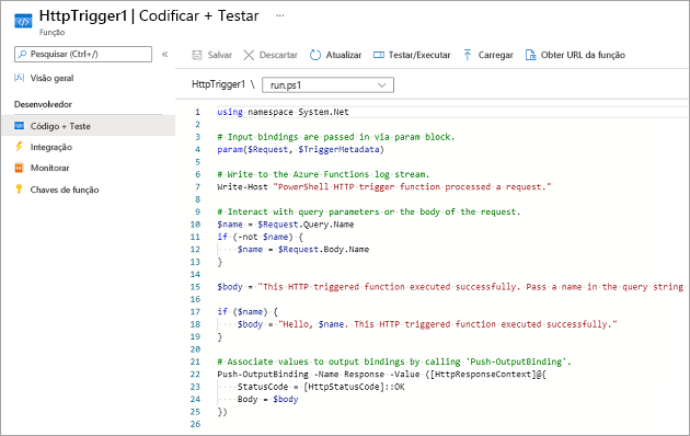 Captura de tela do painel Código e Teste mostrando o código padrão para o modelo de função de gatilho HTTP.