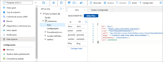 Captura de tela de dados da API SQL mostrando a coleção de itens no contêiner de marcadores do func-io-learn-db.