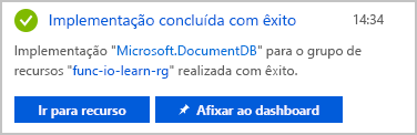 Captura de tela de uma notificação de que a implantação da conta de banco de dados foi concluída.