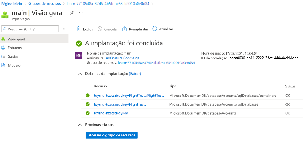 Captura de tela da interface do portal do Azure para a implantação específica, com três recursos do Cosmos DB listados.