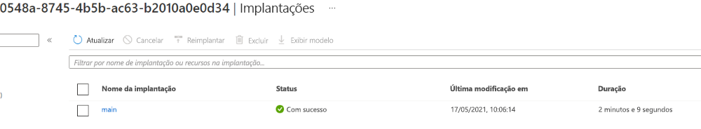 Captura de tela da interface do portal do Azure para as implantações, com a implantação listada e um status bem-sucedido.