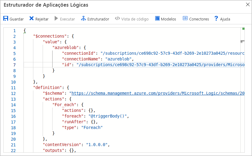 Captura de ecrã do editor de códigos das Aplicações Lógicas do Azure no portal do Azure.