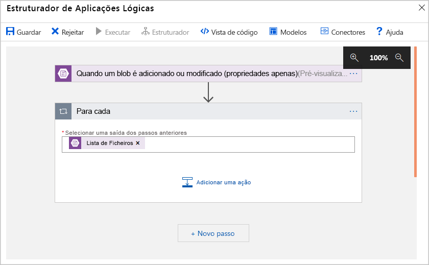 Captura de ecrã do designer de fluxo de trabalho das Aplicações Lógicas do Azure no portal do Azure.