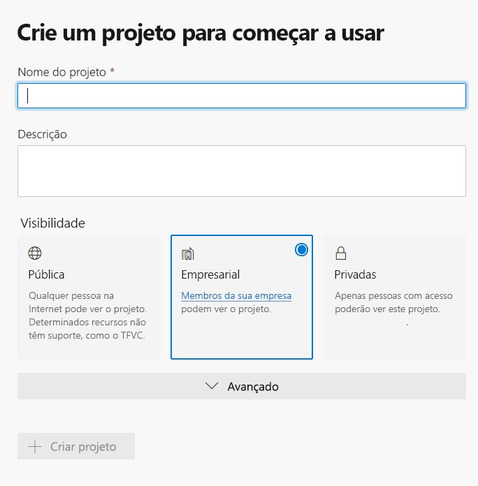 Captura de tela que mostra o prompt para criar um projeto.