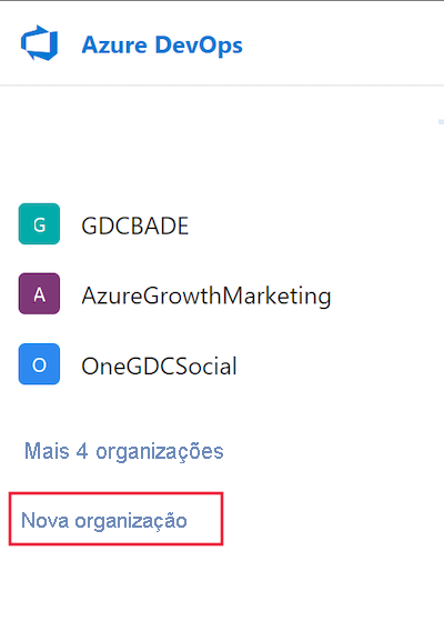 Captura de tela mostrando como criar uma nova organização no Azure DevOps.