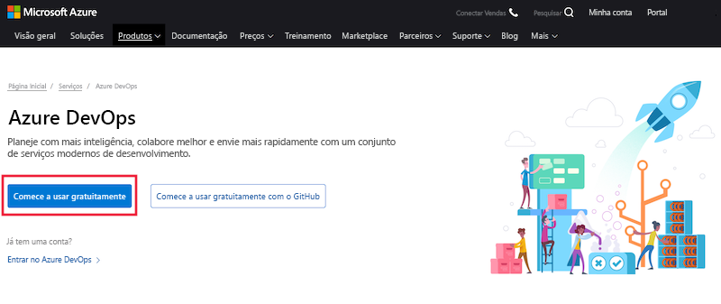 Captura de tela da home page do Azure DevOps, com o link para Iniciar Grátis realçado.