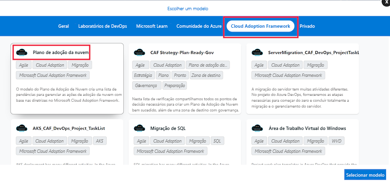 Screenshot that shows how to select the chosen template.