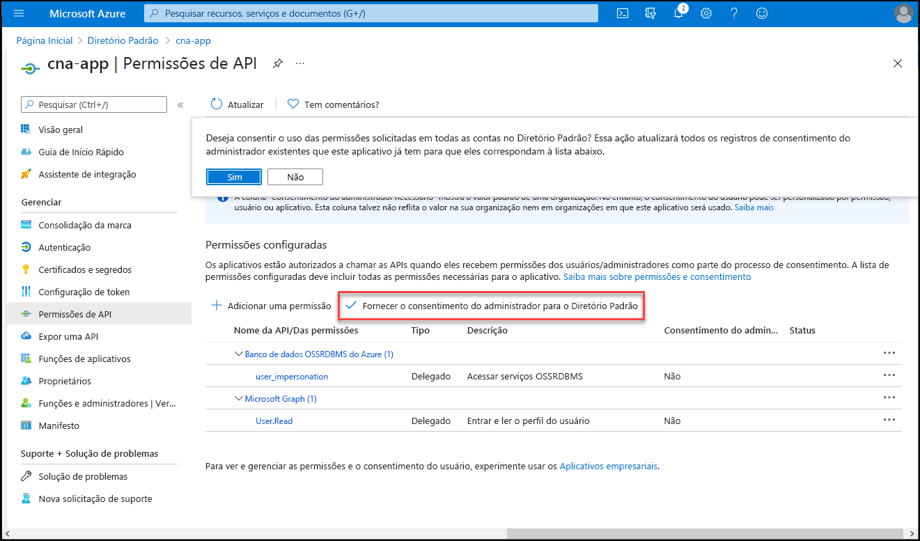 Captura de ecrã da folha de permissões da API can-app no portal do Azure, com a solicitação para confirmar a concessão do consentimento de administrador.