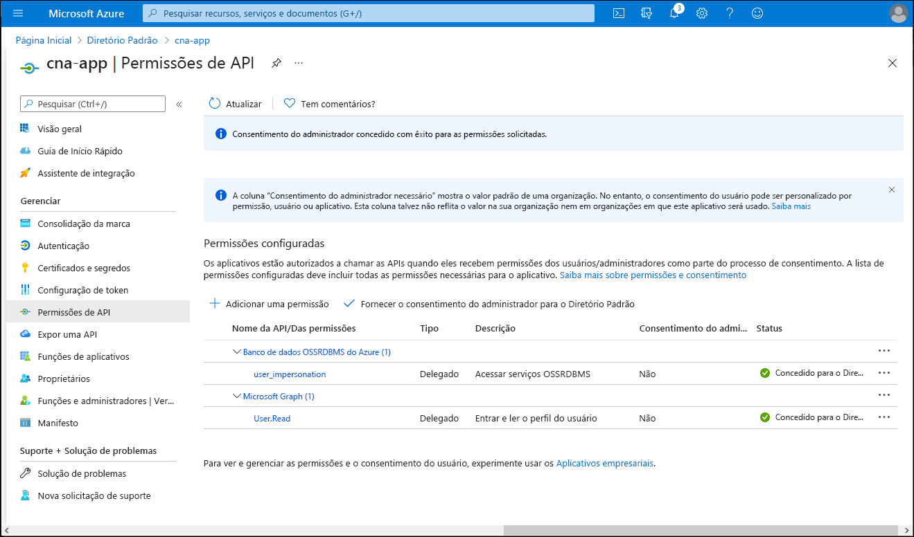 Captura de ecrã da folha de permissões da API can-app no portal do Azure, com o consentimento e as permissões concedidas.