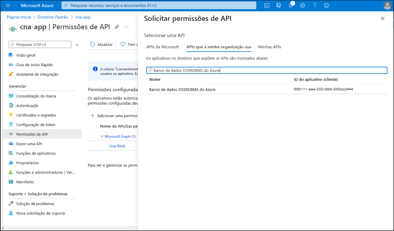 Captura de ecrã da folha Solicitar permissões da API no portal do Azure.