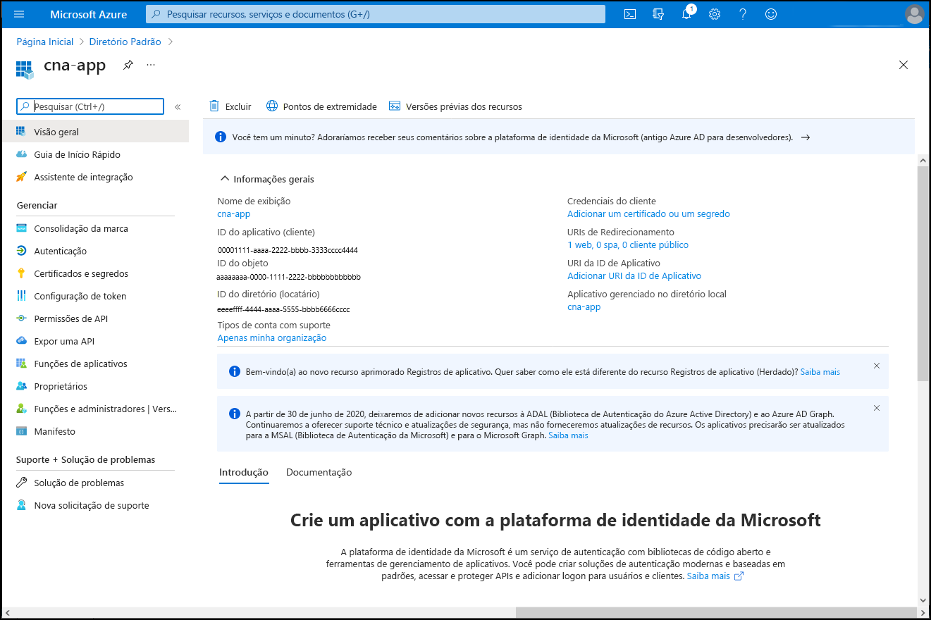 Captura de ecrã da folha can-app no portal do Azure.