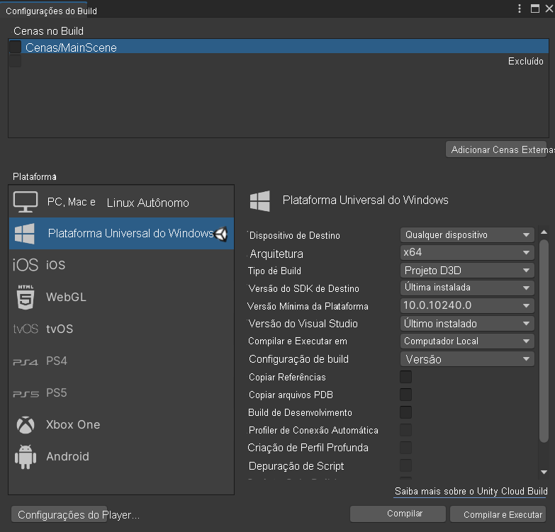 Captura de tela da janela de configuração de compilação Unity com a cena principal e as opções de plataforma universal do Windows realçadas.