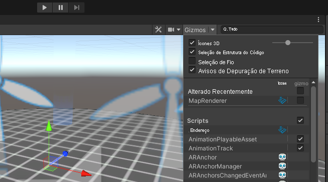 Captura de tela do editor Unity com o Gizmos ativado.